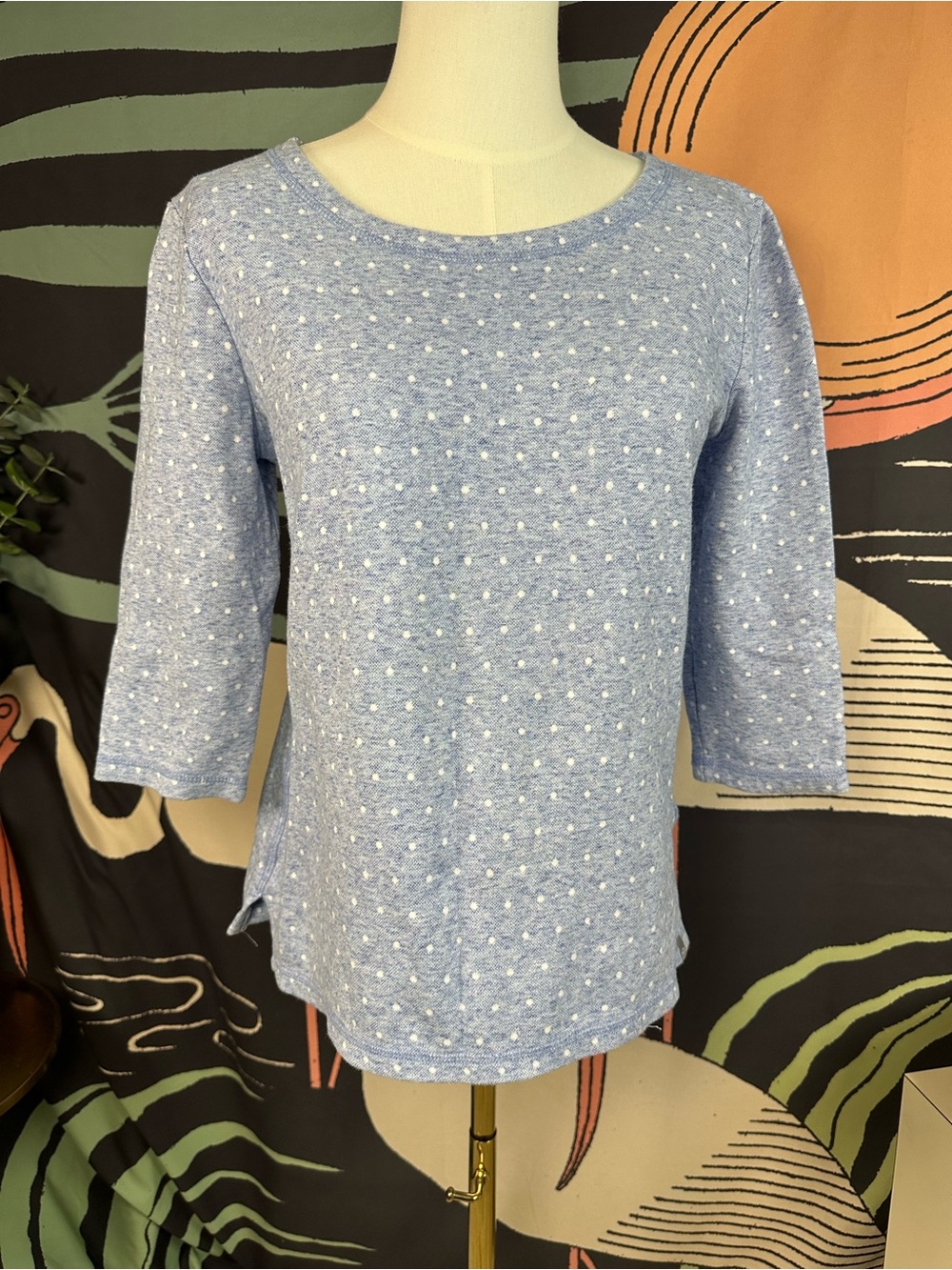 Talbots Light Blue Dot-Textured Three-Quarter Sleeve Top size Medium Petite
